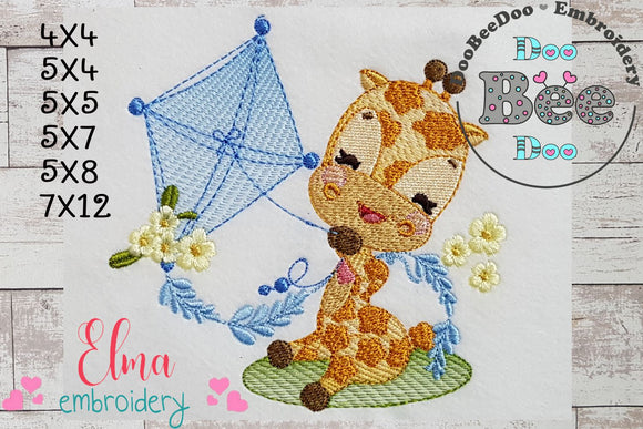 Cute Giraffe with a Kite - Rippled Stitch Embroidery
