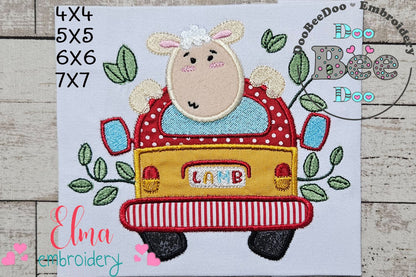 Lamb Traveling on a Kombi - Applique - Machine Embroidery Design