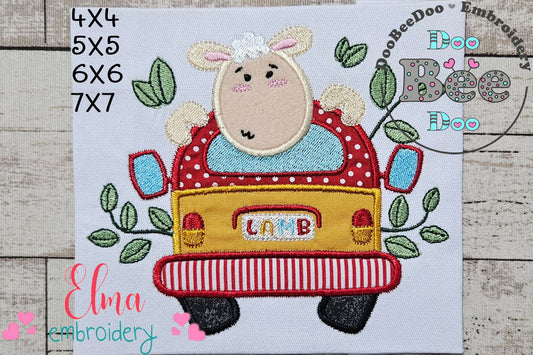 Lamb Traveling on a Kombi - Applique - Machine Embroidery Design
