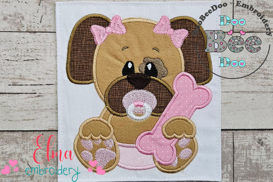 Baby Puppy Girl Holding a Bone - Applique