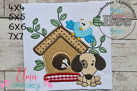 Puppy, Dog House and Bird - Applique - Machine Embroidery Design