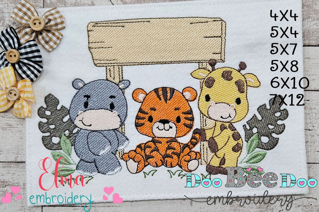 Animals Safari Hippo, Tiger and Giraffe - Fill Stitch - Machine Embroidery Design