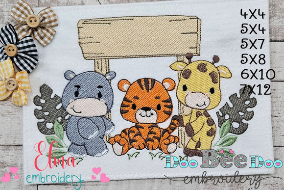 Animals Safari Hippo, Tiger and Giraffe - Fill Stitch - Machine Embroidery Design
