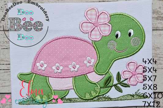 Turtle Girl and Flowers - Applique - Machine Embroidery Design