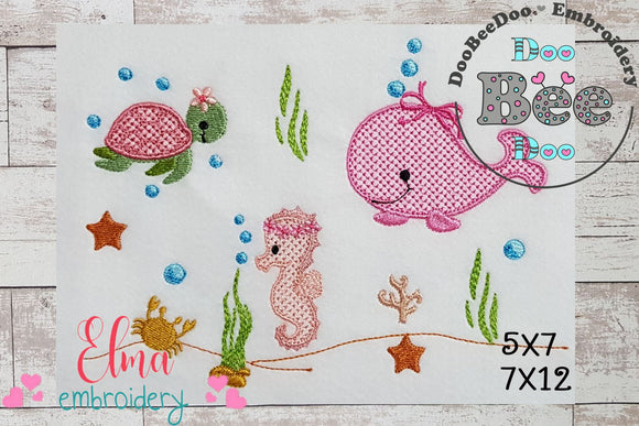 Under the Sea Girl Animals - Rippled Stitch Embroidery