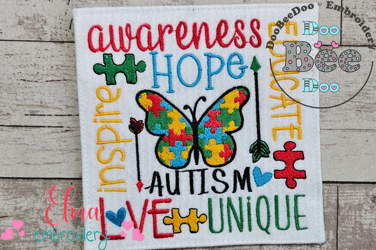 Autism Words and Butterfly - Fill Stitch - Machine Embroidery Design