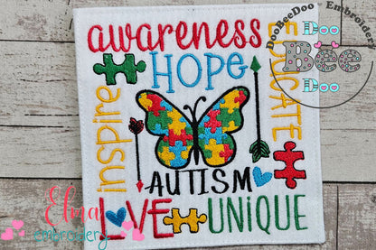 Autism Words and Butterfly - Fill Stitch - Machine Embroidery Design