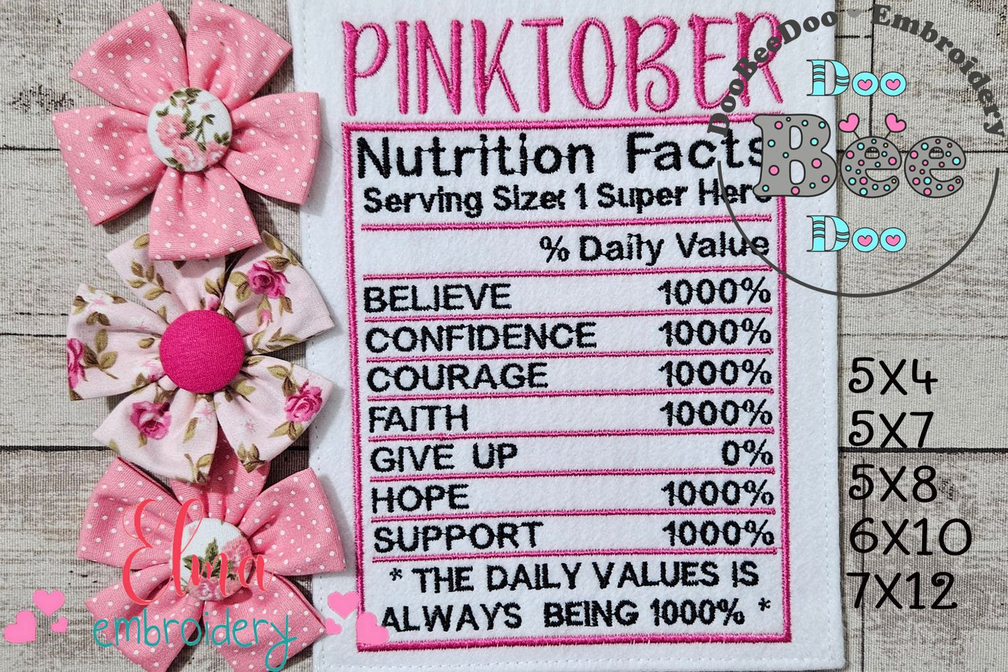 Pink October Nutrition Facts - Fill Stitch - Machine Embroidery Design