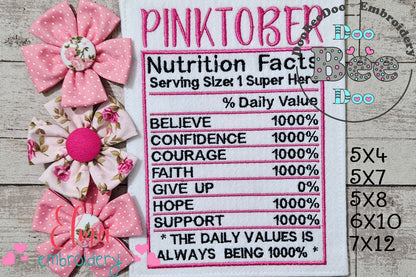 Pink October Nutrition Facts - Fill Stitch - Machine Embroidery Design