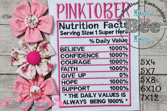 Pink October Nutrition Facts - Fill Stitch - Machine Embroidery Design