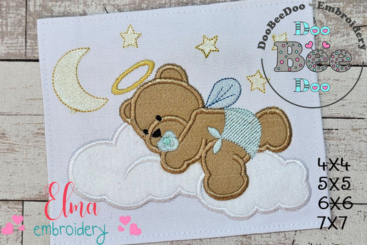 Angel Bear Boy on the Cloud - Aplique - Machine Embroidery Design