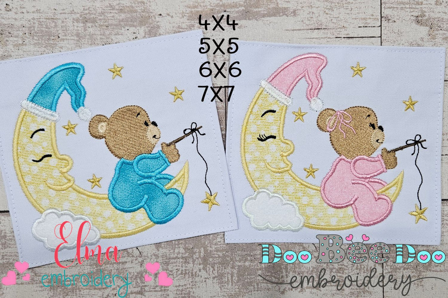 Bear Boy and Girl on the Moon Fishing Stars - Aplique - Set of 2 Designs - Machine Embroidery Design