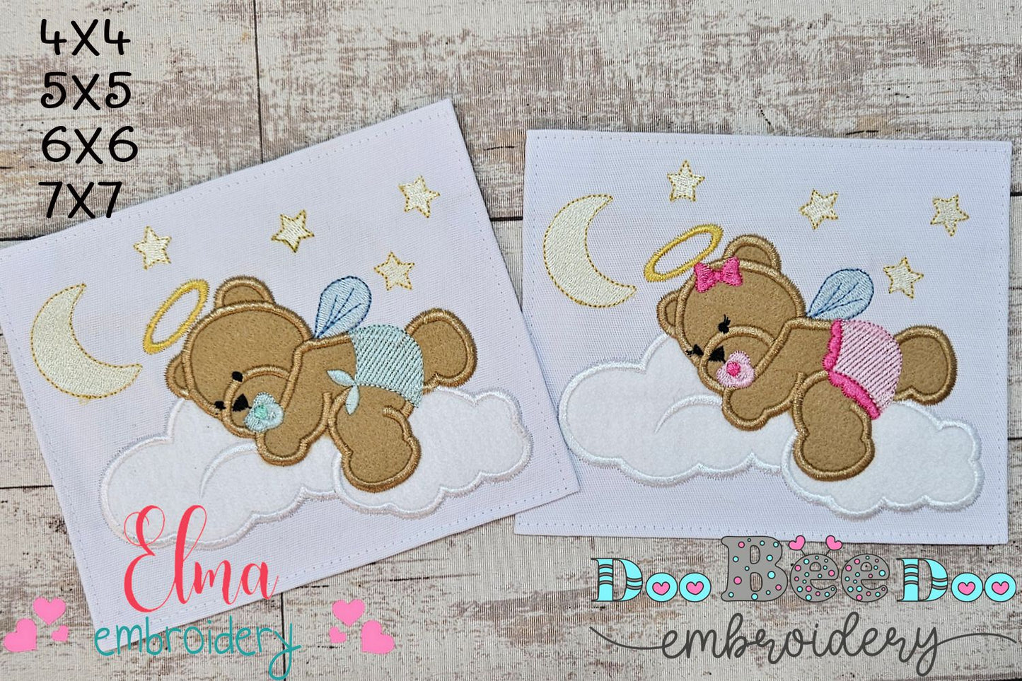 Angel Bear Boy and Girl on the Cloud - Aplique - Set of 2 Designs - Machine Embroidery Design