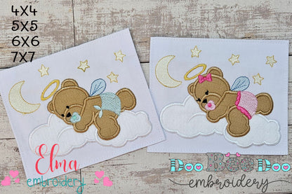 Angel Bear Boy and Girl on the Cloud - Aplique - Set of 2 Designs - Machine Embroidery Design