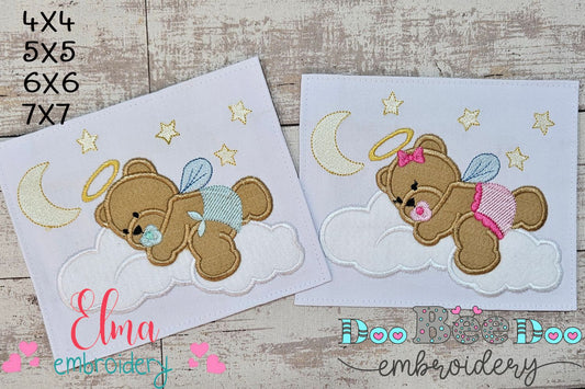 Angel Bear Boy and Girl on the Cloud - Aplique - Set of 2 Designs - Machine Embroidery Design