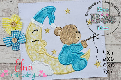 Bear Boy on the Moon Fishing Stars - Aplique - Machine Embroidery Design