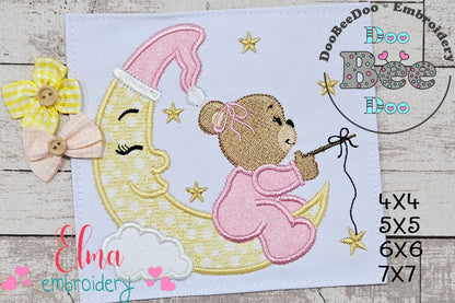 Bear Girl on the Moon Fishing Stars - Aplique - Machine Embroidery Design