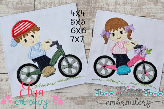 Boy and Girl Riding a Bicycle - Applique - Set of 2 Designs - Machine Embroidery Design