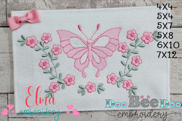 Delicate Butterfly and Flowers - Rippled Stitch - Machine Embroidery Design