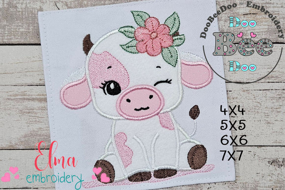 Little Cow Girl Blinking - Applique - Machine Embroidery Design