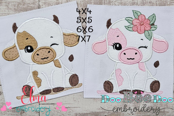 Little Cow Boy and Girl Blinking - Applique - Set of 2 Designs - Machine Embroidery Design