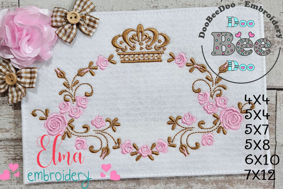 Royal Crown and Flowers Frame - Fill Stitch - Machine Embroidery Design