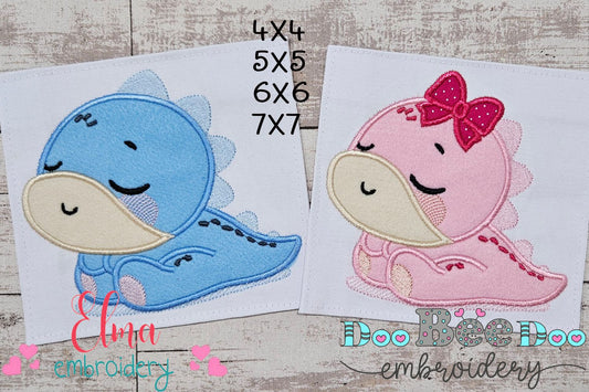 Baby Dinosaur Boy and Girl Sleeping - Applique - Set of 2 Designs - Machine Embroidery Design