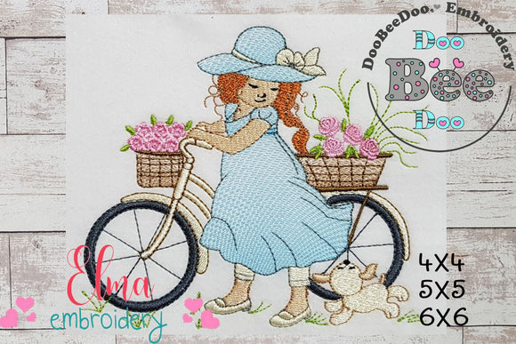 Beautiful Girl, Bike and Dog - Rippled Stitch - Machine Embroidery Design