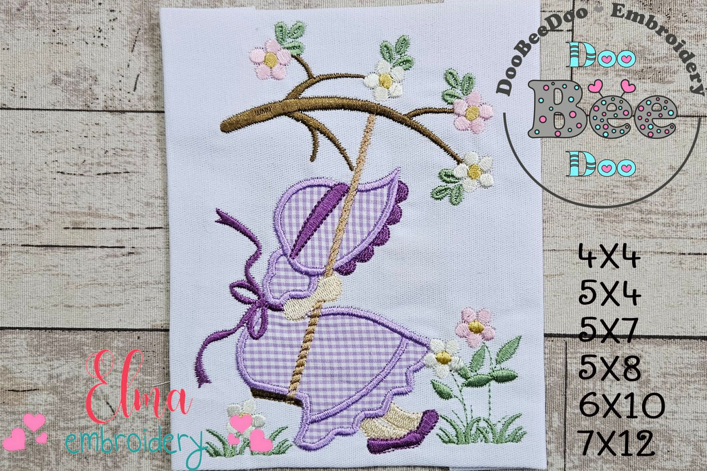 Sunbonnet Sue in the Garden Swing - Applique - Machine Embroidery Design