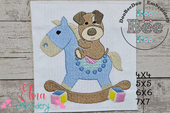 Puppy and Wooden Rocking Horse - Fill Stitch Embroidery