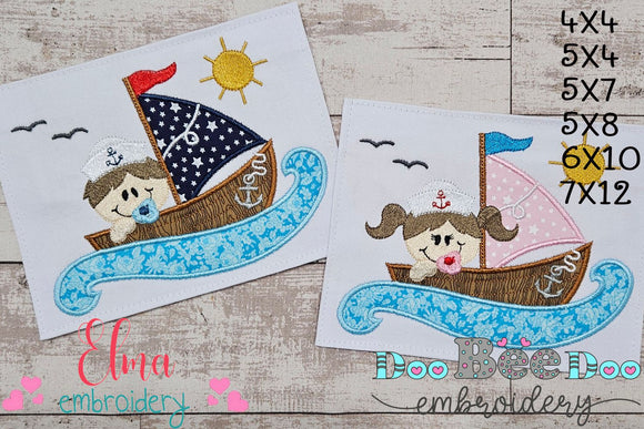 Baby Boy and Girl in a Sail Boat - Applique - Set of 2 Designs - Machine Embroidery Design