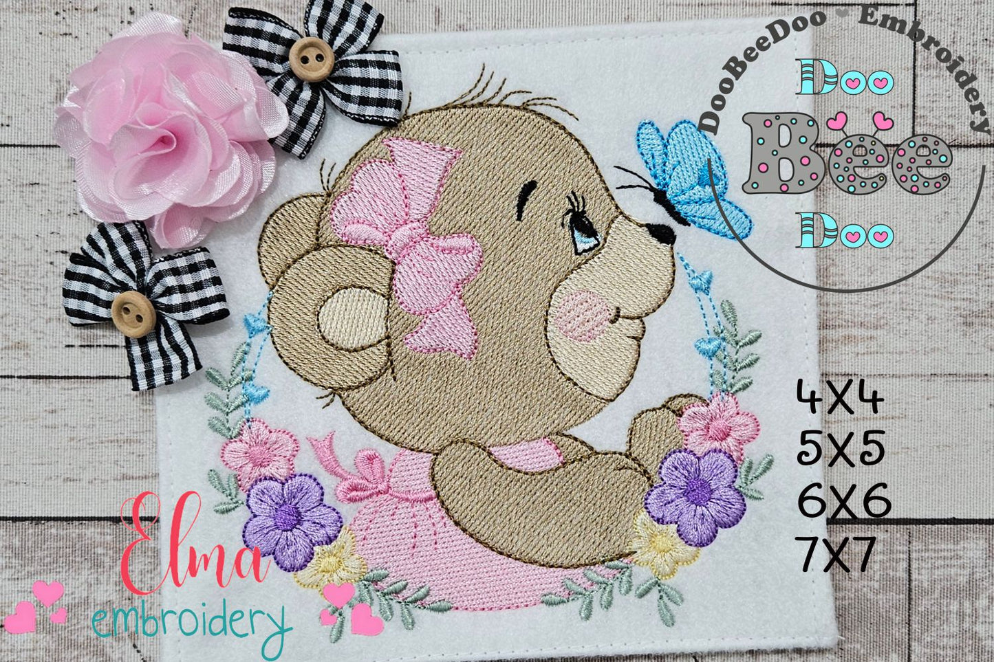 Bear Girl Flowers - Fill Stitch - Machine Embroidery Design