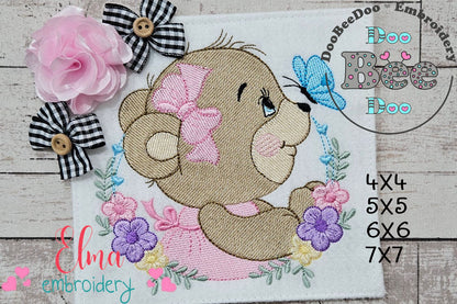 Bear Girl Flowers - Fill Stitch - Machine Embroidery Design