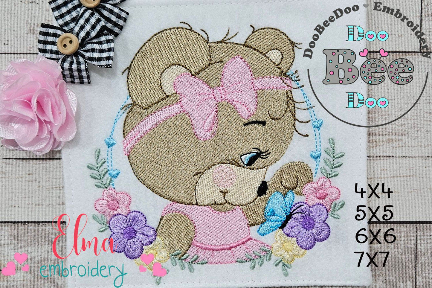 Bear Girl Flowers - Fill Stitch - Machine Embroidery Design