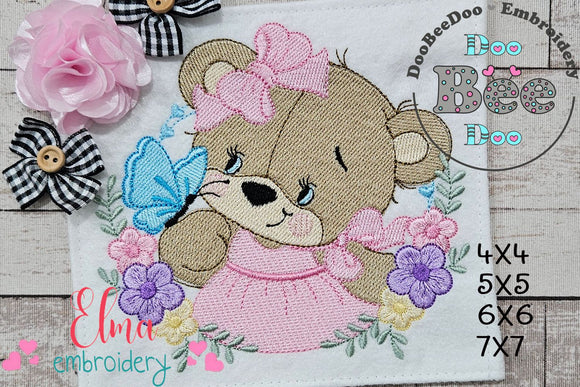 Bear Girl Flowers - Fill Stitch - Machine Embroidery Design