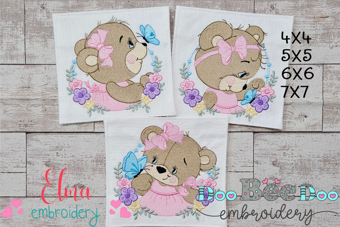 Bear Girl Flowers - Fill Stitch - Set of 3 Designs - Machine Embroidery Design