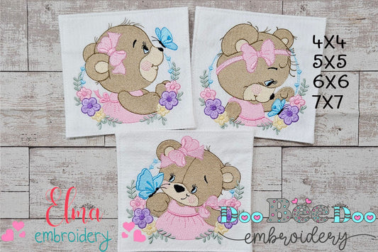 Bear Girl Flowers - Fill Stitch - Set of 3 Designs - Machine Embroidery Design