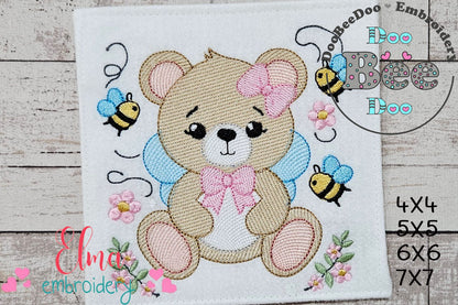 Teddy Bear Girl and Bees - Rippled Stitch - Machine Embroidery Design