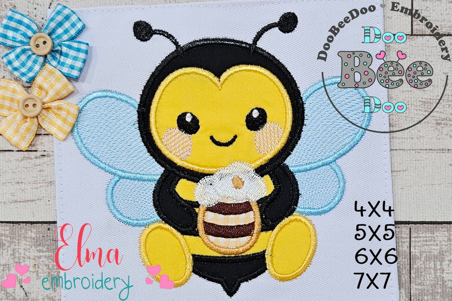 Bumble Bee with Pot of Honey - Applique - Machine Embroidery Design