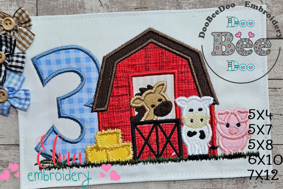 Barn 3rd Birthday Farm Animals Number 3 Three  - Applique - Machine Embroidery Design