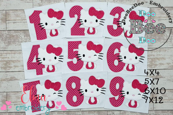 White Kitty Girl Numbers 1-9 Birthday Set - Applique Embroidery