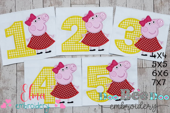 Pink Pig Girl Numbers 1-5 Birthday Set Numbers - Applique Embroidery