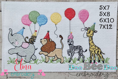 Animals Safari Birthday Parade Balloons - Fill Stitch - Machine Embroidery Design