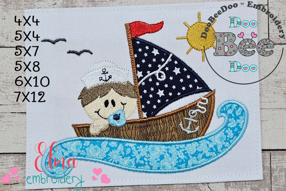 Baby Boy in a Sail Boat - Applique - Machine Embroidery Design