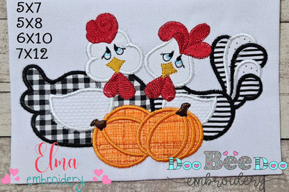 Chicken, Rooster and Pumpkins - Applique - Machine Embroidery Design