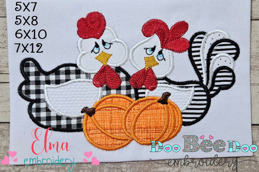 Chicken, Rooster and Pumpkins - Applique - Machine Embroidery Design