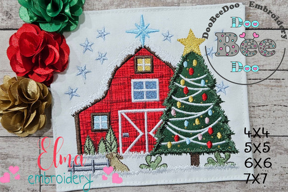 Christmas Barn and Tree - Applique - Machine Embroidery Design