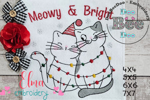 Christmas Lights Cats Meowy & Bright - Redwork - Machine Embroidery Design