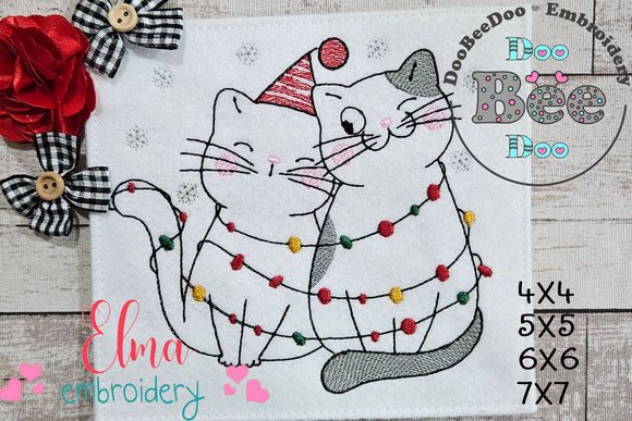 Christmas Lights Cats - Redwork - Machine Embroidery Design