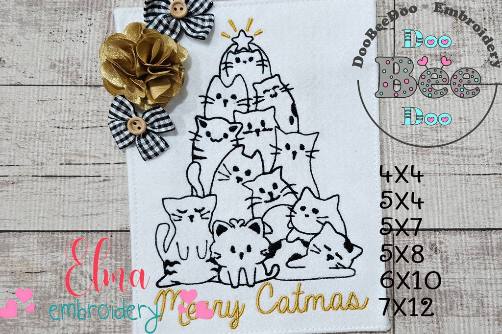 Cat Tree Merry Catmas - Redwork Stitch - Machine Embroidery Design